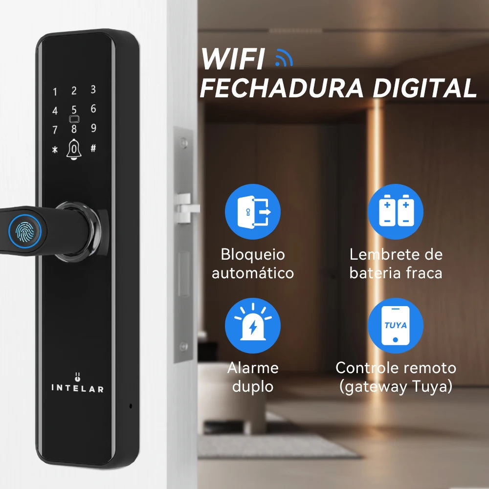 INTELAR Tuya Wifi Smart Door Lock Digital Electronic Lock with Smart Card/Password/Key/USB Emergency Charging For Smart Home