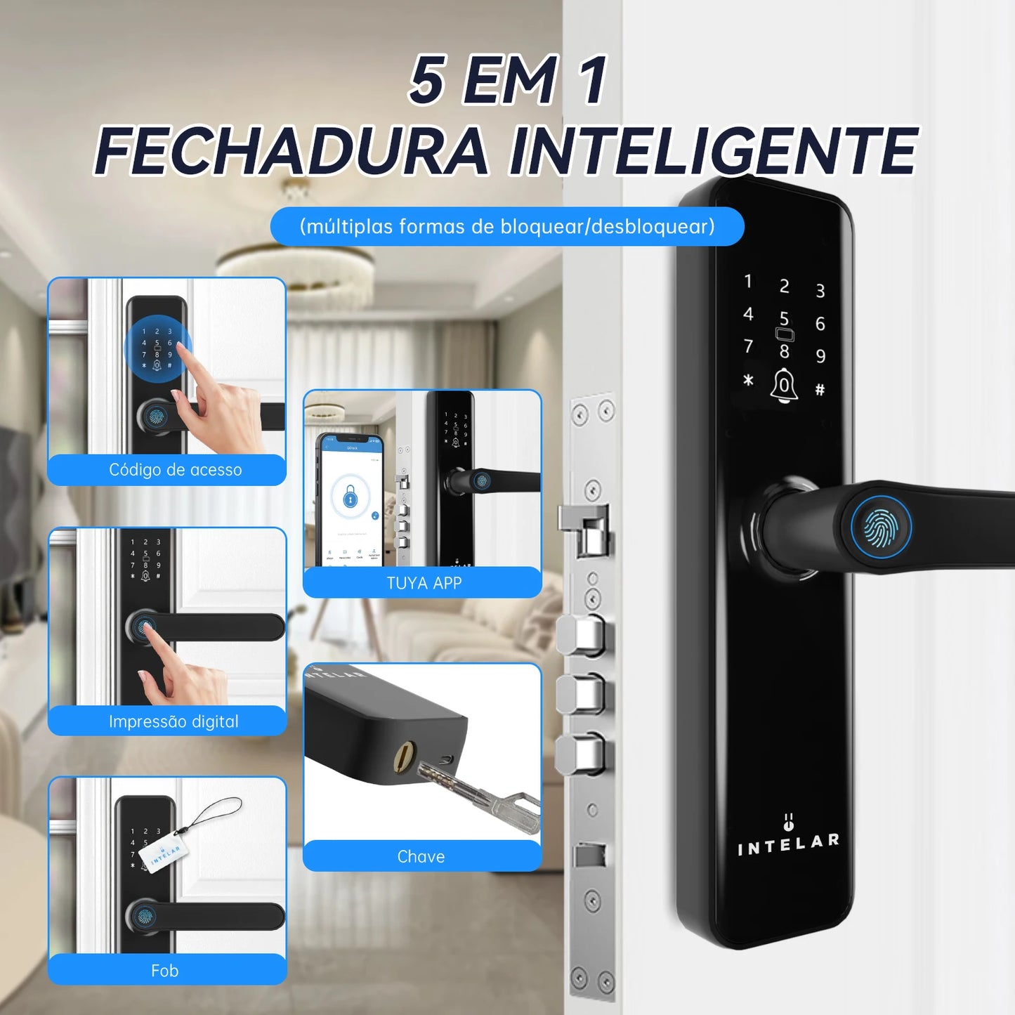 INTELAR Tuya Wifi Smart Door Lock Digital Electronic Lock with Smart Card/Password/Key/USB Emergency Charging For Smart Home